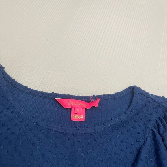 Lilly Pulitzer Pheby Oyster Bay Navy Blue Cozy Knit Swiss Dot Ruffle Dress Small - Picture 3 of 7